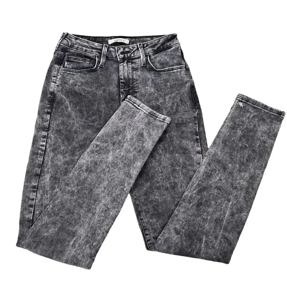 Forever 21 Skinny Jeans Women's Size 26 Black‎ Mid Rise Charcoal Wash Distressed